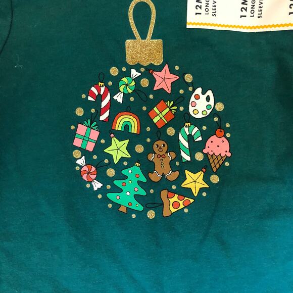 Cat & Jack NWT Toddler Girl's Green Christmas Ornament Tee Long Sleeve 12M - Picture 2 of 7